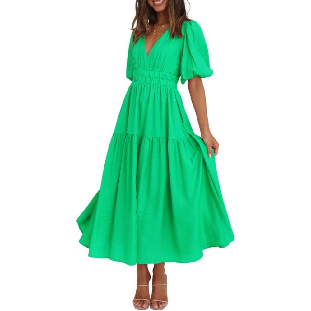 imagePuff Sleeve Plunge Tiered Dress Puffed Sleeve ResortStyle Midi Dress Casual Ins StyleGreen