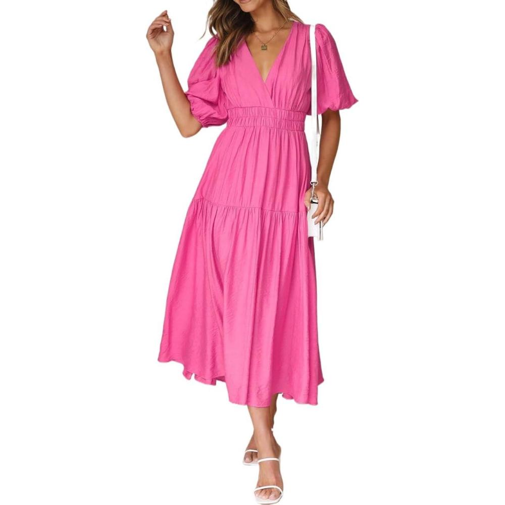 imagePuff Sleeve Plunge Tiered Dress Puffed Sleeve ResortStyle Midi Dress Casual Ins StyleRose
