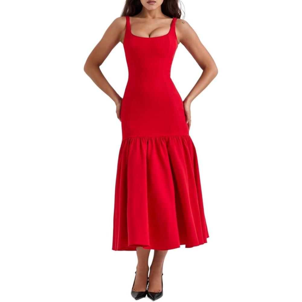 imageVintage Dropped Waist Midi Dress Wedding Bridesmaid Dress Vacation Banquet Party DressRed