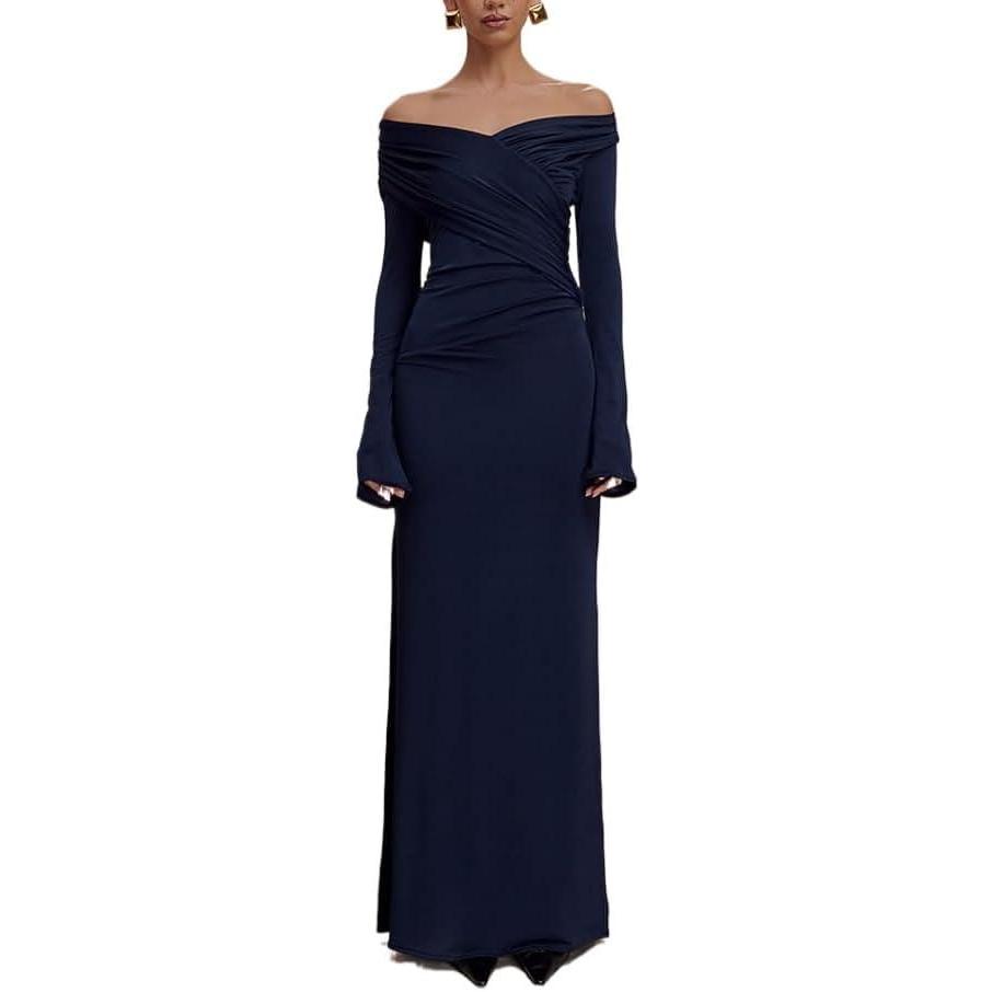 imagemeilun VNeck LongSleeved Mesh Skirt Strapless Maxi Dress for AutumnWinterNavy