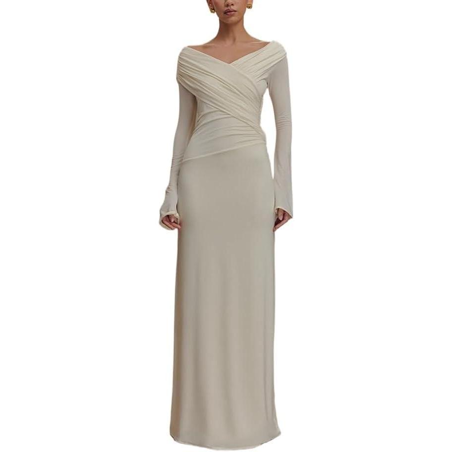 imagemeilun VNeck LongSleeved Mesh Skirt Strapless Maxi Dress for AutumnWinterWhite