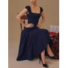 Lace Back Twill Midi Dress Elegant Classic Short-Sleeve Square Neck Evening Gown(Navy)