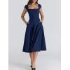 Lace Back Twill Midi Dress Elegant Classic Short-Sleeve Square Neck Evening Gown(Navy)