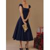 Lace Back Twill Midi Dress Elegant Classic Short-Sleeve Square Neck Evening Gown(Navy)
