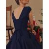 Lace Back Twill Midi Dress Elegant Classic Short-Sleeve Square Neck Evening Gown(Navy)