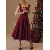 Lace Back Twill Midi Dress Elegant Classic Short-Sleeve Square Neck Evening Gown(Wine)