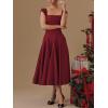 Lace Back Twill Midi Dress Elegant Classic Short-Sleeve Square Neck Evening Gown(Wine)