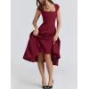 Lace Back Twill Midi Dress Elegant Classic Short-Sleeve Square Neck Evening Gown(Wine)