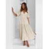 Puff Sleeve Plunge Tiered Dress Puffed Sleeve Resort-Style Midi Dress Casual Ins Style(Beige)