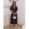 Puff Sleeve Plunge Tiered Dress Puffed Sleeve Resort-Style Midi Dress Casual Ins Style(Black)
