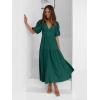 Puff Sleeve Plunge Tiered Dress Puffed Sleeve Resort-Style Midi Dress Casual Ins Style(Darkgreen)
