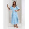 Puff Sleeve Plunge Tiered Dress Puffed Sleeve Resort-Style Midi Dress Casual Ins Style(Iceblue)