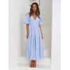 Puff Sleeve Plunge Tiered Dress Puffed Sleeve Resort-Style Midi Dress Casual Ins Style(Lightblue)