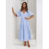 Puff Sleeve Plunge Tiered Dress Puffed Sleeve Resort-Style Midi Dress Casual Ins Style(Lightblue)