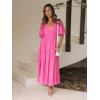 Puff Sleeve Plunge Tiered Dress Puffed Sleeve Resort-Style Midi Dress Casual Ins Style(Rose)