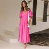 Puff Sleeve Plunge Tiered Dress Puffed Sleeve Resort-Style Midi Dress Casual Ins Style(Rose)