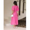 Puff Sleeve Plunge Tiered Dress Puffed Sleeve Resort-Style Midi Dress Casual Ins Style(Rose)