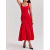 Vintage Dropped Waist Midi Dress Wedding Bridesmaid Dress Vacation Banquet Party Dress(Red)