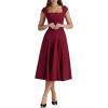 Lace Back Twill Midi Dress Elegant Classic Short-Sleeve Square Neck Evening Gown(Wine)