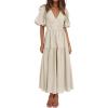 Puff Sleeve Plunge Tiered Dress Puffed Sleeve Resort-Style Midi Dress Casual Ins Style(Beige)