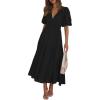 Puff Sleeve Plunge Tiered Dress Puffed Sleeve Resort-Style Midi Dress Casual Ins Style(Black)