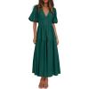 Puff Sleeve Plunge Tiered Dress Puffed Sleeve Resort-Style Midi Dress Casual Ins Style(Darkgreen)