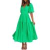 Puff Sleeve Plunge Tiered Dress Puffed Sleeve Resort-Style Midi Dress Casual Ins Style(Green)