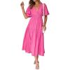 Puff Sleeve Plunge Tiered Dress Puffed Sleeve Resort-Style Midi Dress Casual Ins Style(Rose)