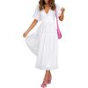 Puff Sleeve Plunge Tiered Dress Puffed Sleeve Resort-Style Midi Dress Casual Ins Style(White)