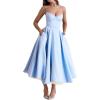Tulle Midi Dress Strapless A-line Puffy Skirt Christmas New Year Banquet Dress(Blue)