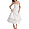 Tulle Midi Dress Strapless A-line Puffy Skirt Christmas New Year Banquet Dress(White)