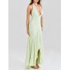 meilun Pistachio Georgette Draped Midi Dress Deep V Hanging Neck Large Backless Irregular Fishtail(Light Green)