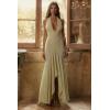 meilun Pistachio Georgette Draped Midi Dress Deep V Hanging Neck Large Backless Irregular Fishtail(Light Green)