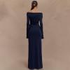 meilun V-Neck Long-Sleeved Mesh Skirt Strapless Maxi Dress for Autumn/Winter(Navy)