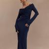meilun V-Neck Long-Sleeved Mesh Skirt Strapless Maxi Dress for Autumn/Winter(Navy)