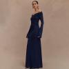 meilun V-Neck Long-Sleeved Mesh Skirt Strapless Maxi Dress for Autumn/Winter(Navy)