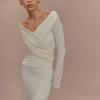 meilun V-Neck Long-Sleeved Mesh Skirt Strapless Maxi Dress for Autumn/Winter(White)