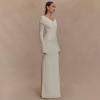 meilun V-Neck Long-Sleeved Mesh Skirt Strapless Maxi Dress for Autumn/Winter(White)