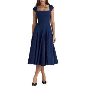 Lace Back Twill Midi Dress Elegant Classic Short-Sleeve Square Neck Evening Gown(Navy)