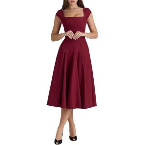 Lace Back Twill Midi Dress Elegant Classic Short-Sleeve Square Neck Evening Gown(Wine)
