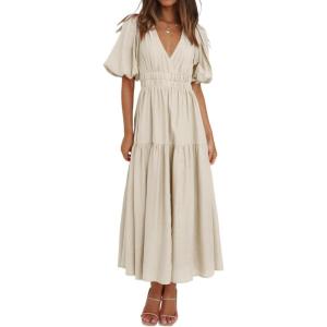 Puff Sleeve Plunge Tiered Dress Puffed Sleeve Resort-Style Midi Dress Casual Ins Style(Beige)