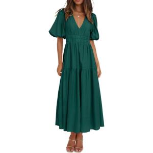 Puff Sleeve Plunge Tiered Dress Puffed Sleeve Resort-Style Midi Dress Casual Ins Style(Darkgreen)