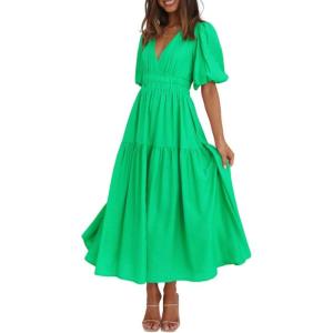 Puff Sleeve Plunge Tiered Dress Puffed Sleeve Resort-Style Midi Dress Casual Ins Style(Green)
