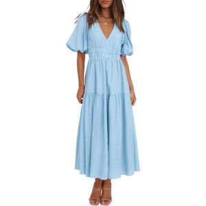 Puff Sleeve Plunge Tiered Dress Puffed Sleeve Resort-Style Midi Dress Casual Ins Style(Iceblue)