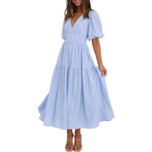 Puff Sleeve Plunge Tiered Dress Puffed Sleeve Resort-Style Midi Dress Casual Ins Style(Lightblue)