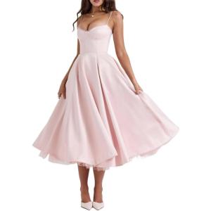 Tulle Midi Dress Strapless A-line Puffy Skirt Christmas New Year Banquet Dress(Pink)