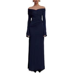 meilun V-Neck Long-Sleeved Mesh Skirt Strapless Maxi Dress for Autumn/Winter(Navy)
