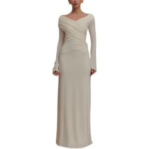 meilun V-Neck Long-Sleeved Mesh Skirt Strapless Maxi Dress for Autumn/Winter(White)
