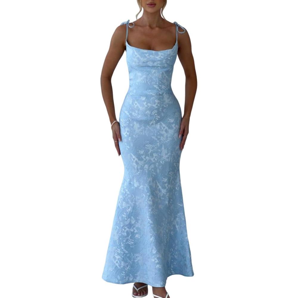 imagemeilun Sleeveless Printed Halter Neck Dress Backless HipExposing Fishtail Maxi DressBlue
