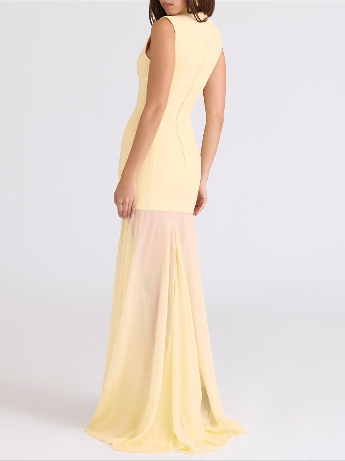imagemeilun Sleeveless Maxi Dress Mesh PanelSeamed Bodycon Skirt with FrenchStyle TailoringYellow